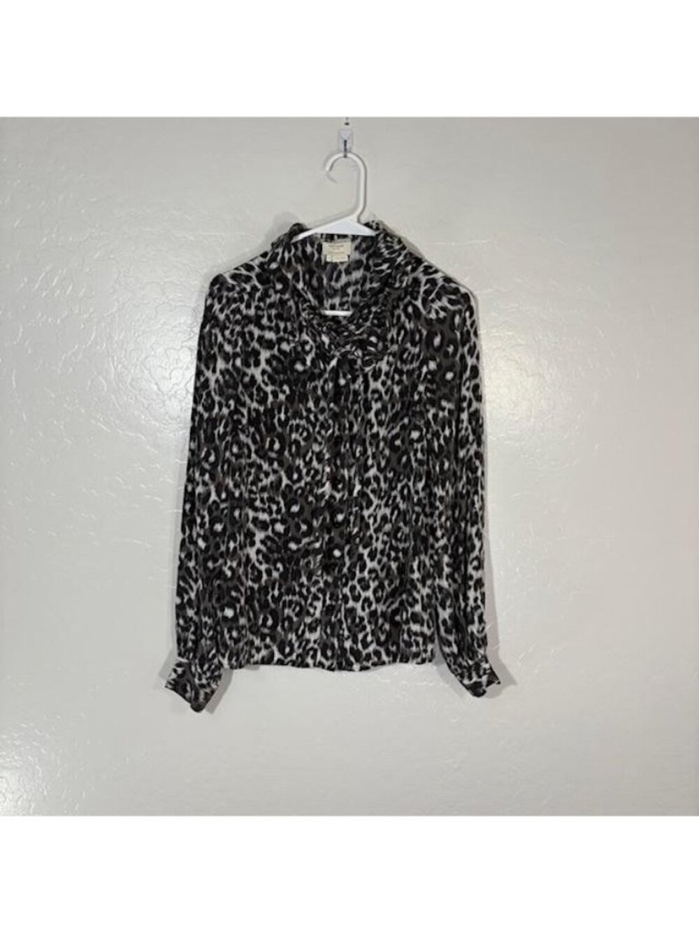 Kate Spade Blouse Womens 4 Black White Silk Animal Print Long Sleeve Bow Top
